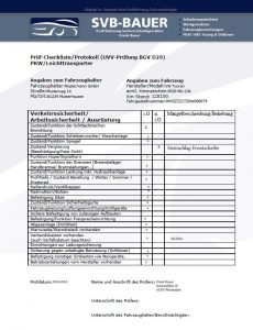 UVV-Prüfung, Unfallverhütungsvorschriften, Protokoll von SVB-Bauer, unabhängiger Kfz-Sachverständiger / Gutachter in Wiesbaden & Umgebung